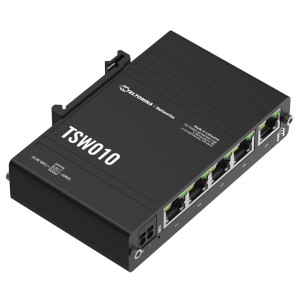 Teltonika TSW010 5-Port Unmanaged Fast Ethernet Switch with aluminum housing, DIN rail and wall mount